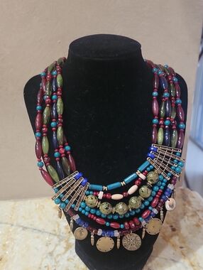 Bohemian Multistrand Beaded Necklace in Turquoise, Olive & Burgundy
